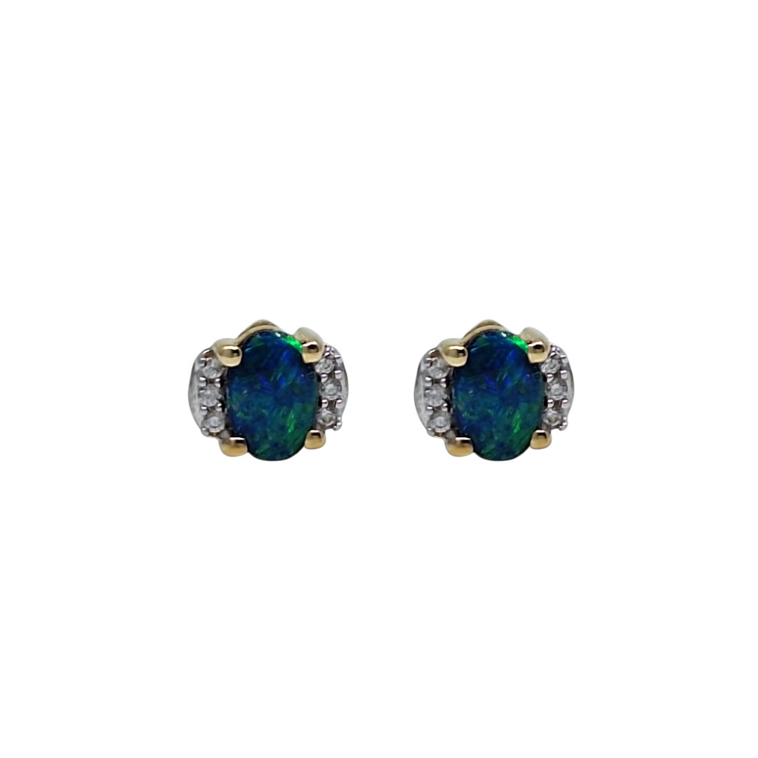 9ct Yellow Gold Opal Doublet & White Zircon Stud Earrings