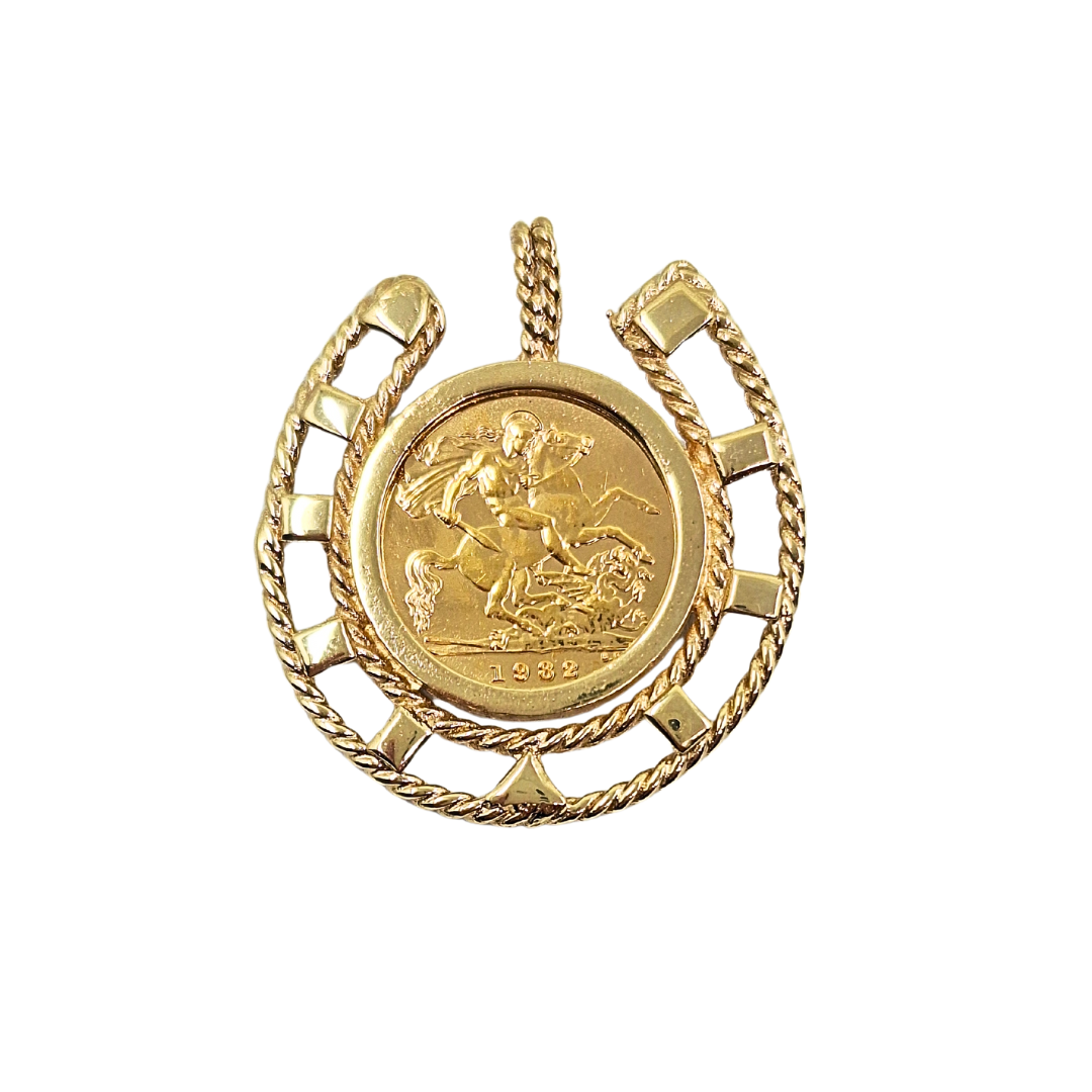 9ct Yellow Gold Half Sovereign Horseshoe Pendant 1982