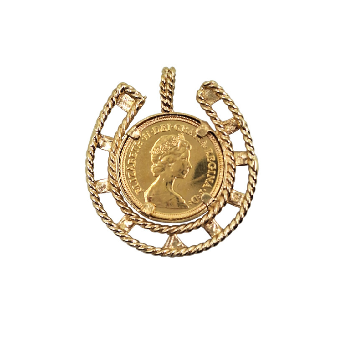 9ct Yellow Gold Half Sovereign Horseshoe Pendant 1982