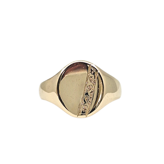 9ct Yellow Gold Part Engraved Oval Signet Ring