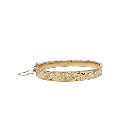 9ct Yellow Gold Engraved Hinged Bangle