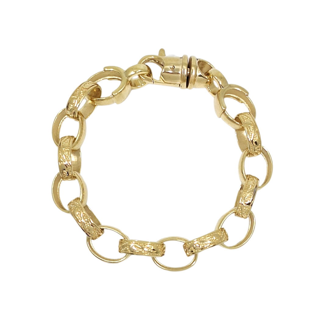 9ct Yellow Gold Large Oval Pattern & Plain Belcher Bracelet 9"
