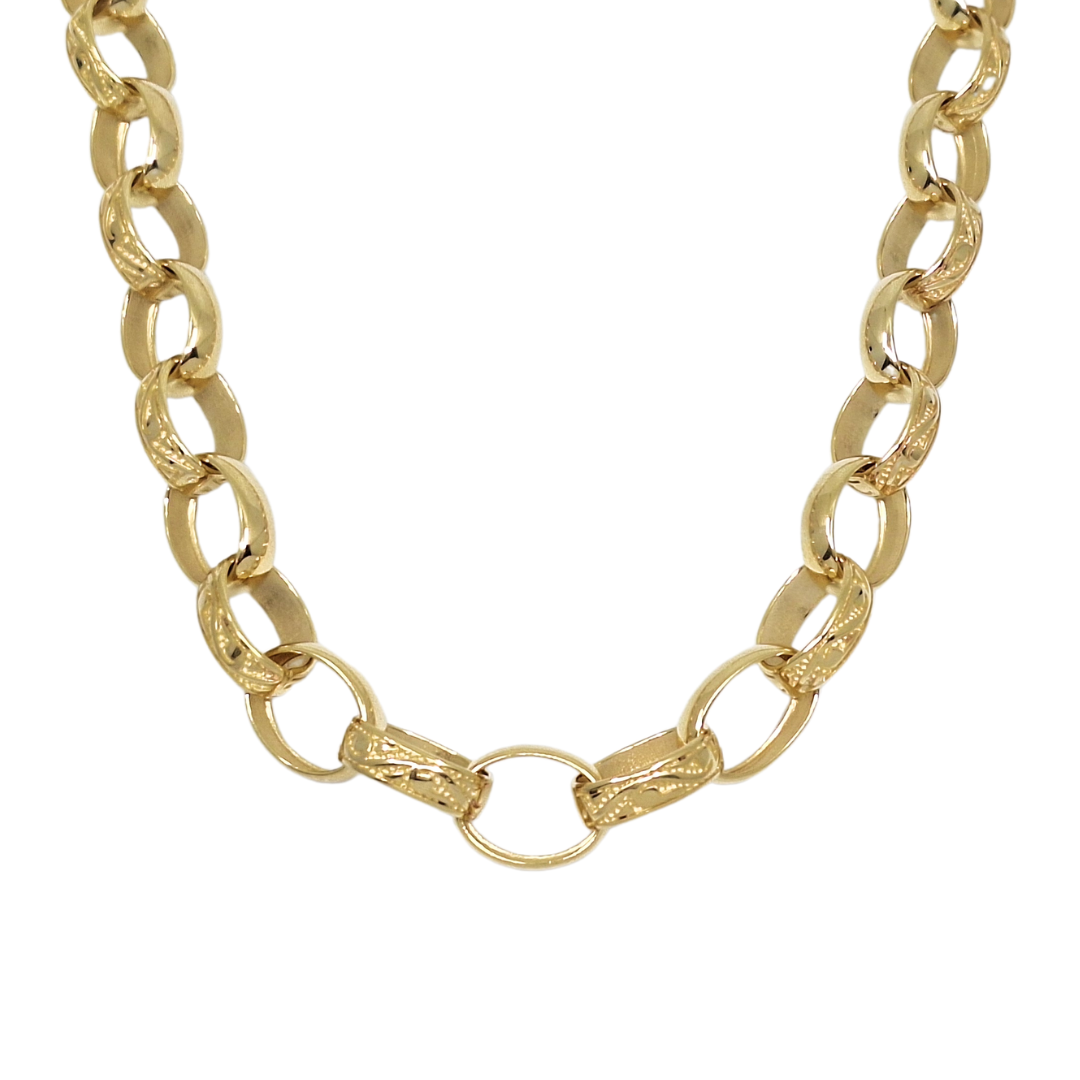9ct Yellow Gold Large Oval Pattern & Plain Belcher Chain 24"
