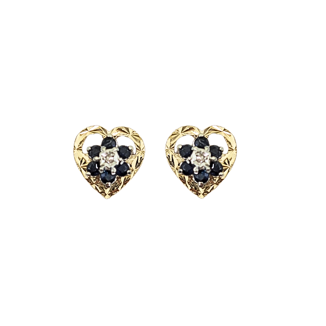 9ct Yellow Gold Heart Sapphire & Diamond Stud Earrings