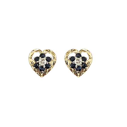 9ct Yellow Gold Heart Sapphire & Diamond Stud Earrings