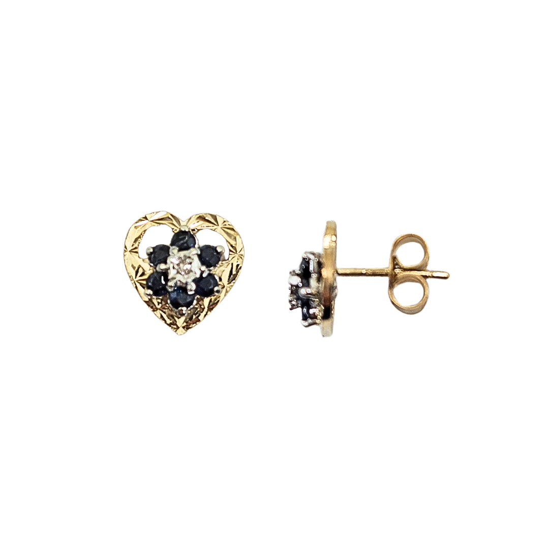 9ct Yellow Gold Heart Sapphire & Diamond Stud Earrings