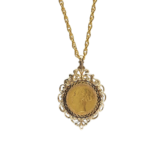 9ct/22ct Yellow Gold Full Sovereign Pendant & Chain 1885