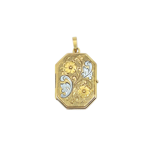 9ct Yellow & White Gold Engraved Flower Locket