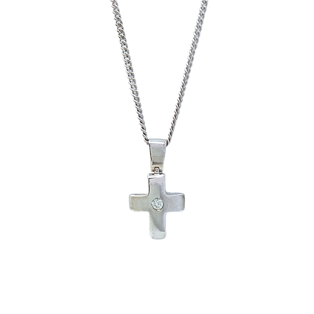 18ct White Gold Diamond Set Cross & 9ct Curb Chain 20"