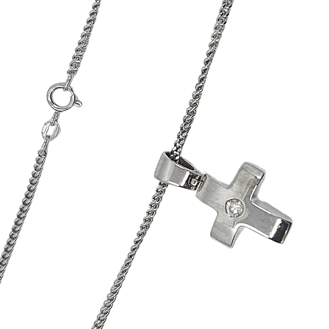 18ct White Gold Diamond Set Cross & 9ct Curb Chain 20"