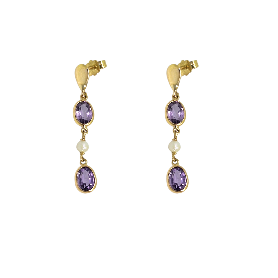 18ct Yellow Gold Amethyst & Pearl Drop Earrings