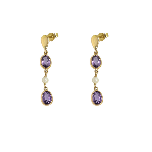 18ct Yellow Gold Amethyst & Pearl Drop Earrings