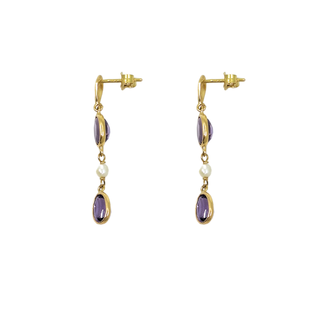 18ct Yellow Gold Amethyst & Pearl Drop Earrings