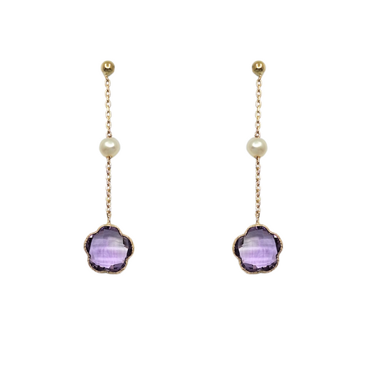 9ct Yellow Gold Amethyst & Pearl Drop Earrings