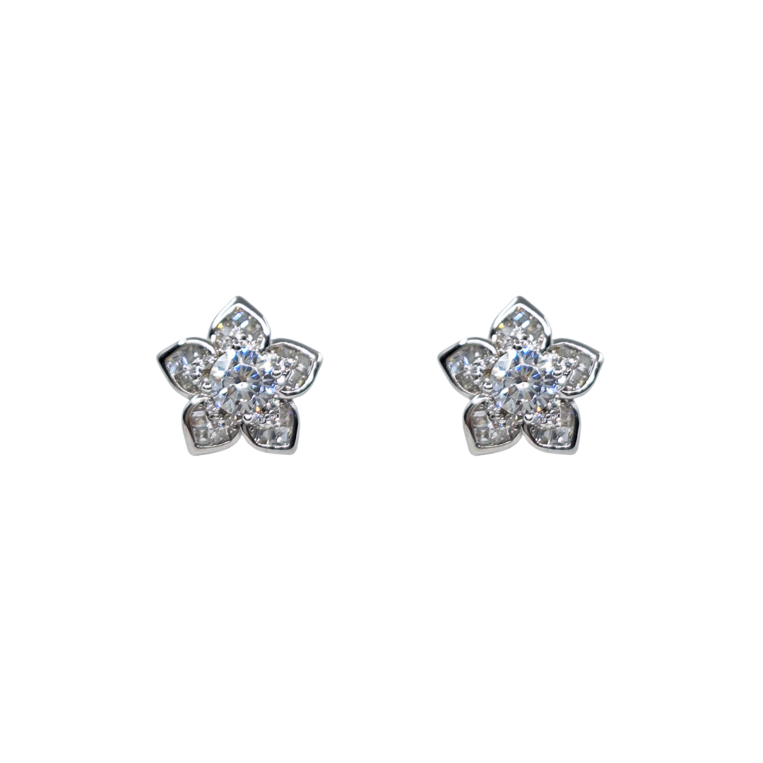 Silver Cubic Zirconia Flower Stud Earrings