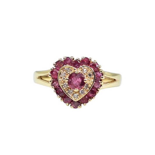 9ct Yellow Gold Ruby & Diamond Heart Cluster Ring