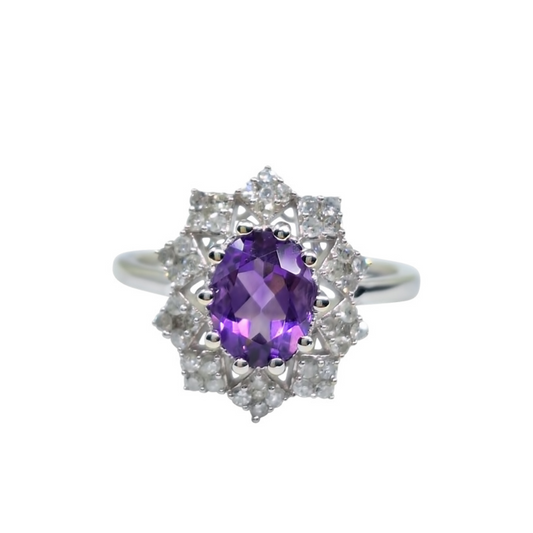 9ct White Gold Amethyst & Diamond Cluster Ring
