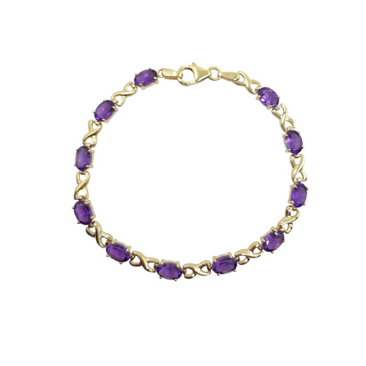 9ct Yellow Gold Amethyst Kiss Link Bracelet 7.5"