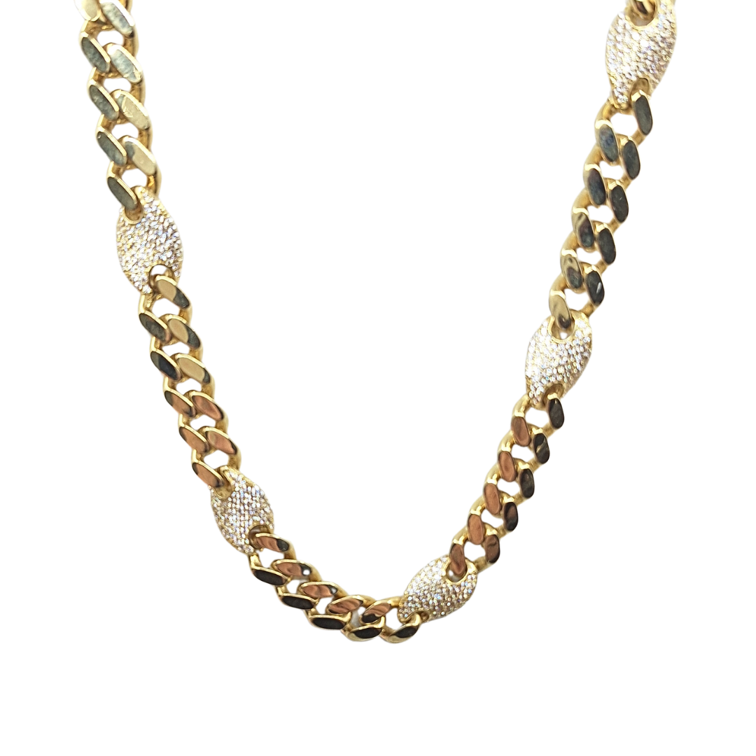 14ct Yellow Gold Hollow Cubic Zirconia Monaco Cuban Link Chain 21"