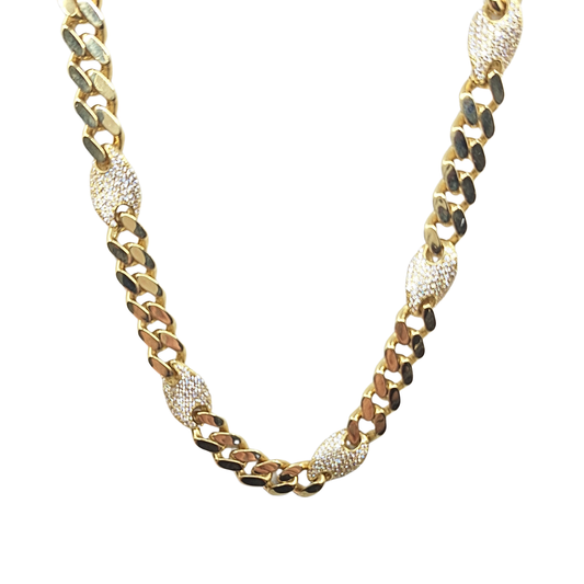 14ct Yellow Gold Hollow Cubic Zirconia Monaco Cuban Link Chain 21"
