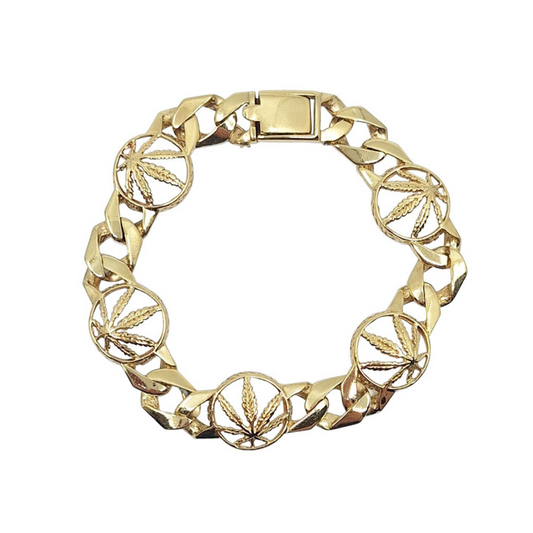 9ct Yellow Gold Marijuana Leaf Curb Bracelet 8.5"