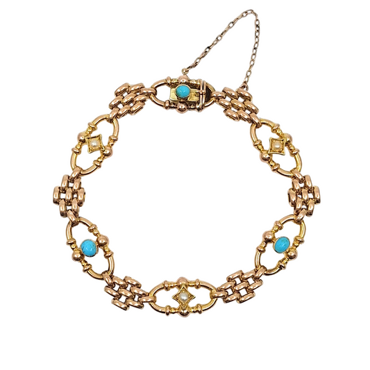 15ct Yellow Gold Turquoise & Seed Pearl Bracelet 7"