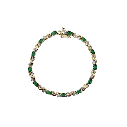 14ct Yellow Gold Emerald & Diamond Bracelet 7"