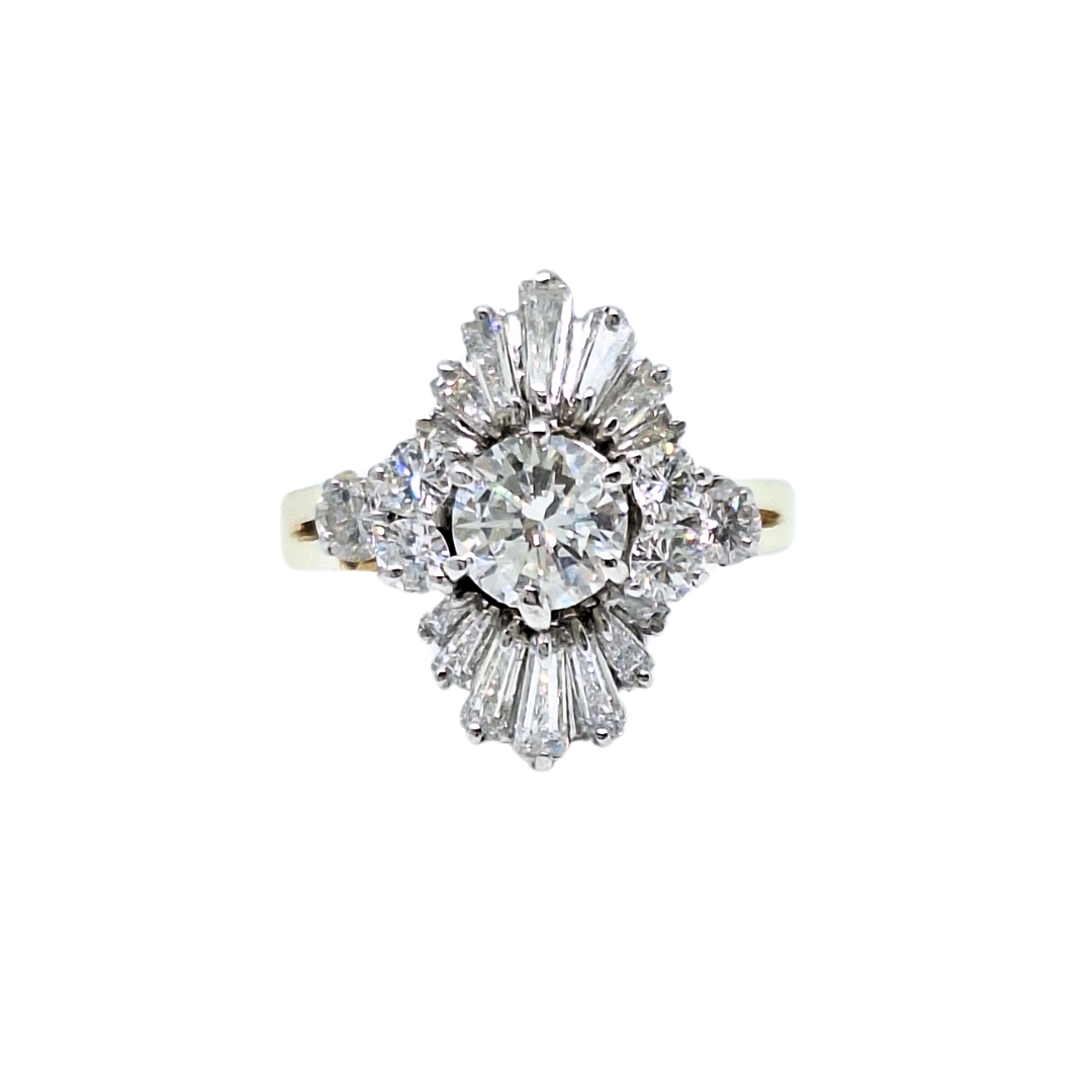 14ct Yellow Gold Baguette & Round Diamond Cluster Ring 2.59ct