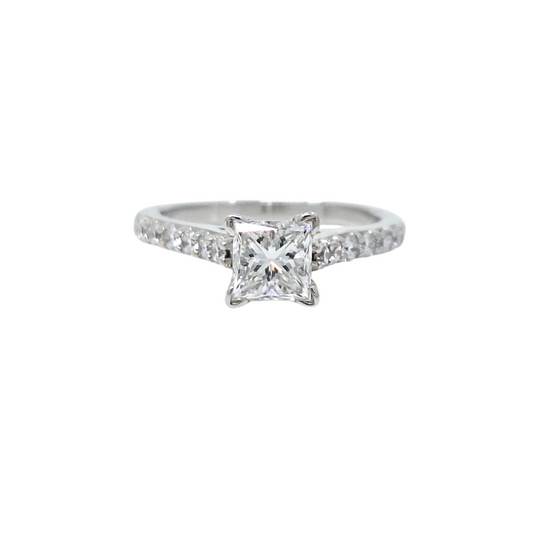 18ct White Gold Princess cut Diamond Solitaire& Diamond Shoulders 1.26ct
