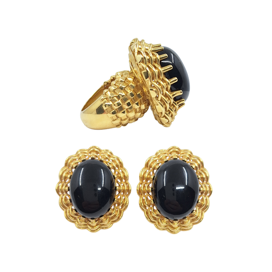 18ct Yellow Gold Black Stone Earrings & Ring Set