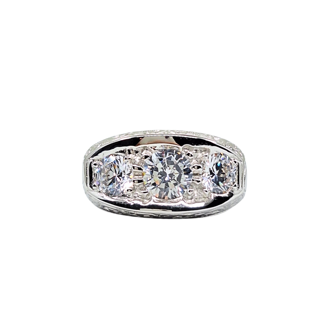 Silver Cubic Zirconia Gents 3 Stone Gypsy Style Ring