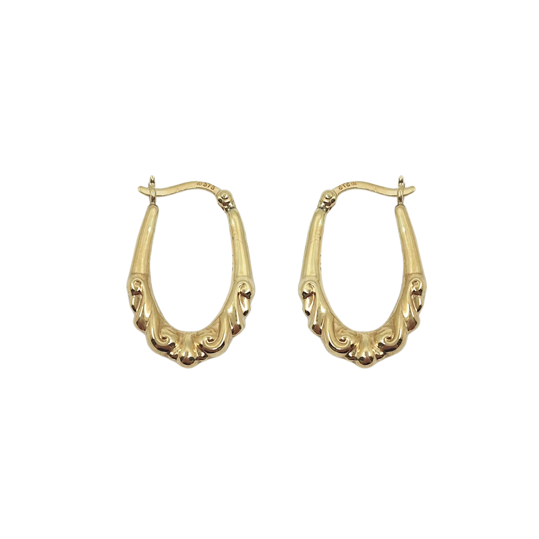 9ct Yellow Gold Patterned Oval Creole Earrings