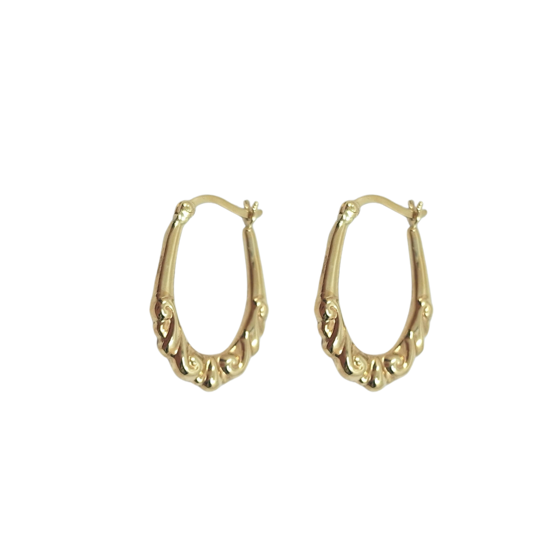9ct Yellow Gold Patterned Oval Creole Earrings