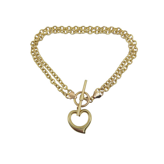 9ct Yellow Gold Belcher Bracelet With T-Bar & Heart 7.25"