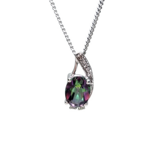 14ct White Gold Mystic Topaz & Diamond Pendant With Curb Chain