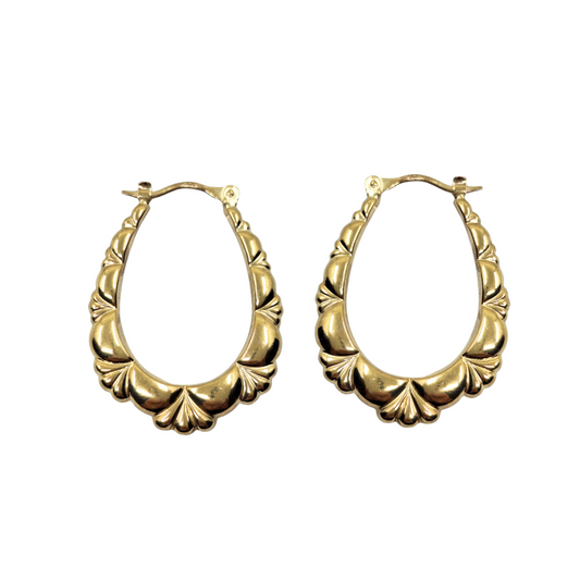 9ct Yellow Gold Patterned Oval Creole Earrings