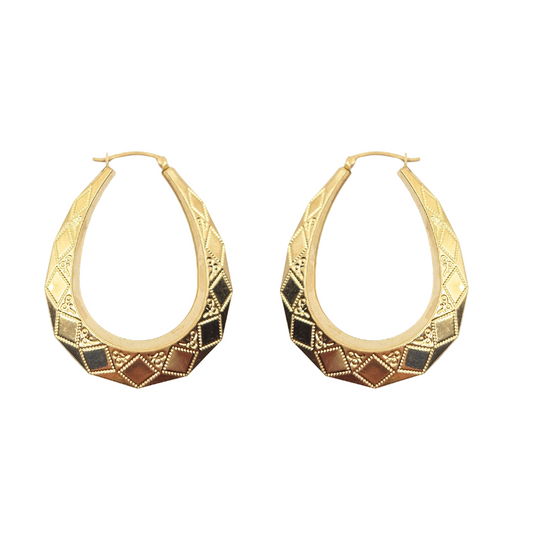 9ct Yellow Gold Patterned Oval Creole Earrings