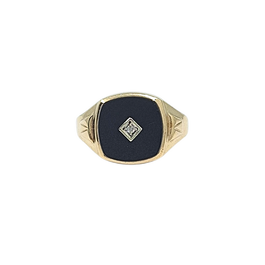 9ct Yellow Gold Diamond Set Black Onyx Ring