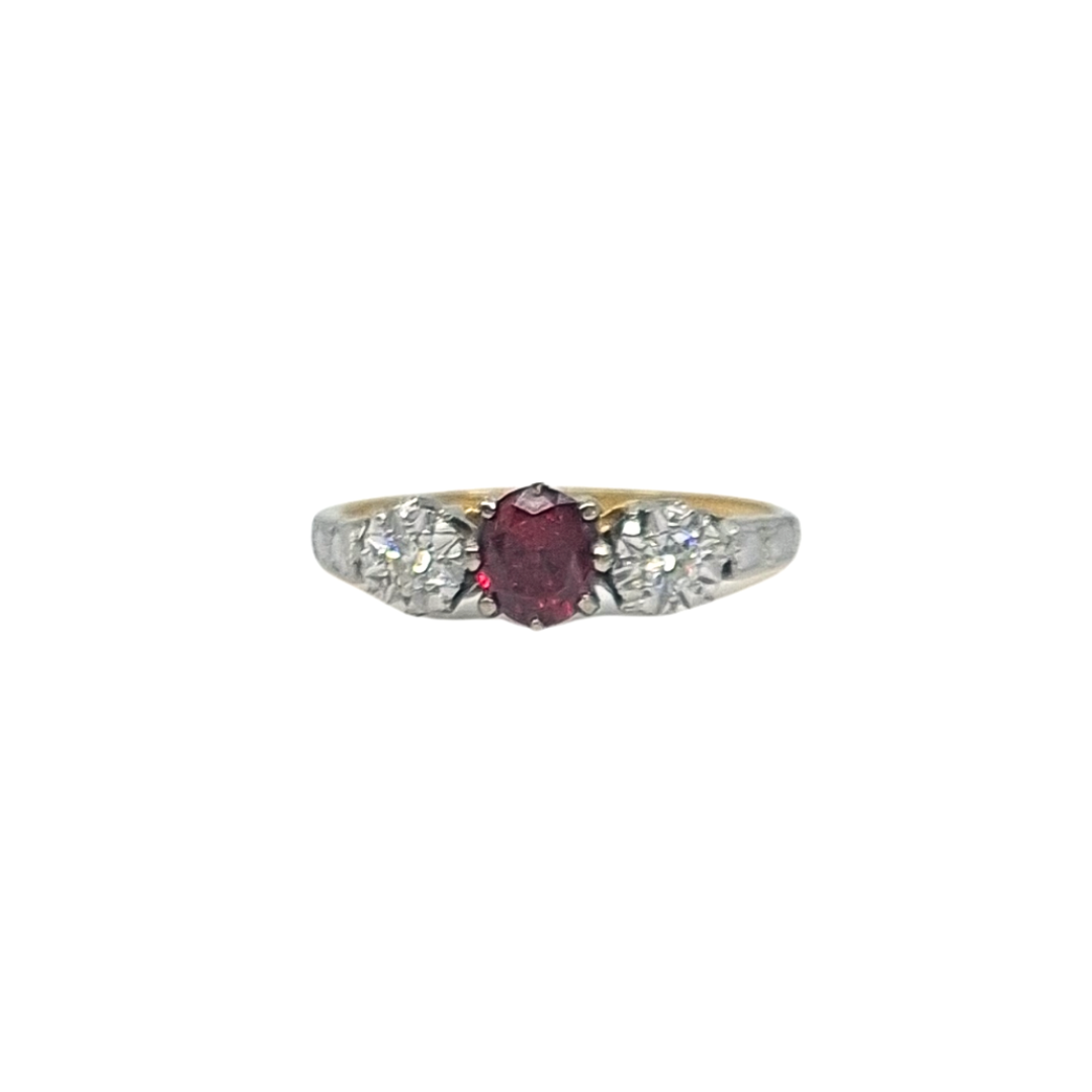 18ct Yellow Gold Ruby & Diamond Three Stone Ring