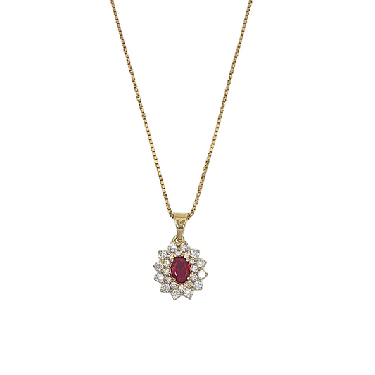 9ct Yellow Gold Red Stone CZ Pendant 16"
