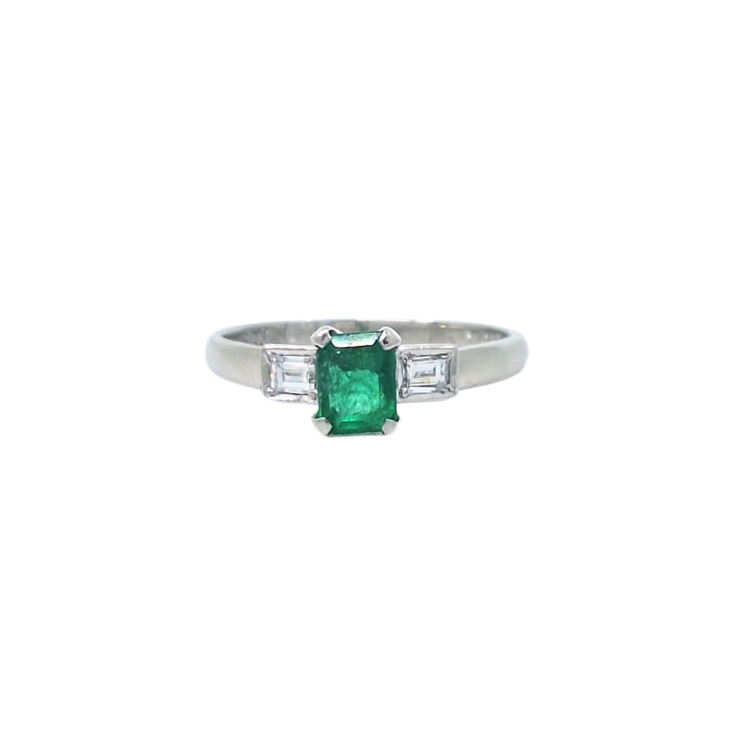 Platinum Emerald & Diamond Three Stone Ring 0.52ct