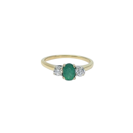 9ct Yellow Gold Emerald & Diamond Three Stone Ring