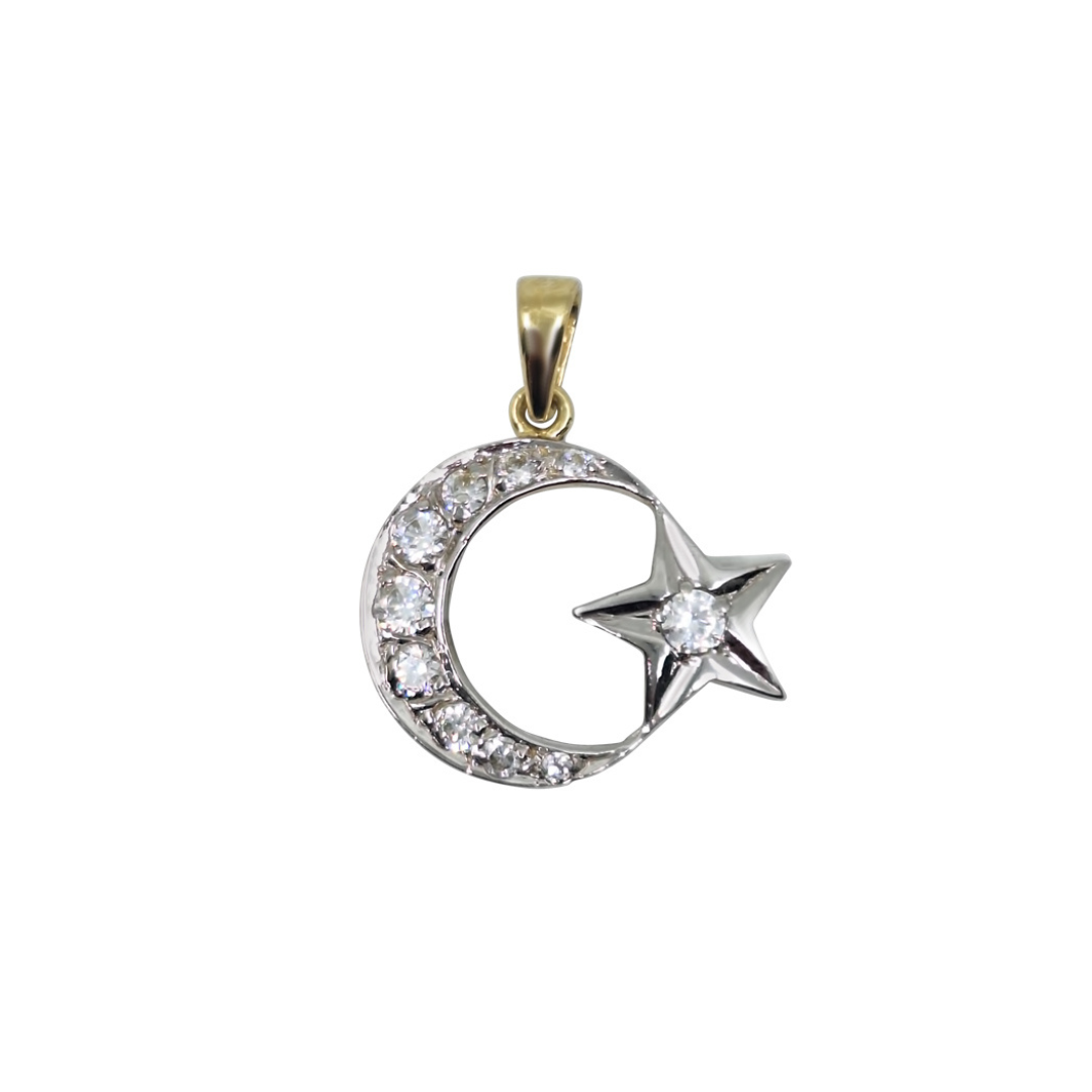 14ct Yellow Gold CZ Moon & Star Pendant