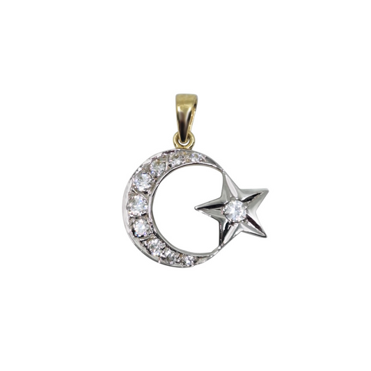 14ct Yellow Gold CZ Moon & Star Pendant