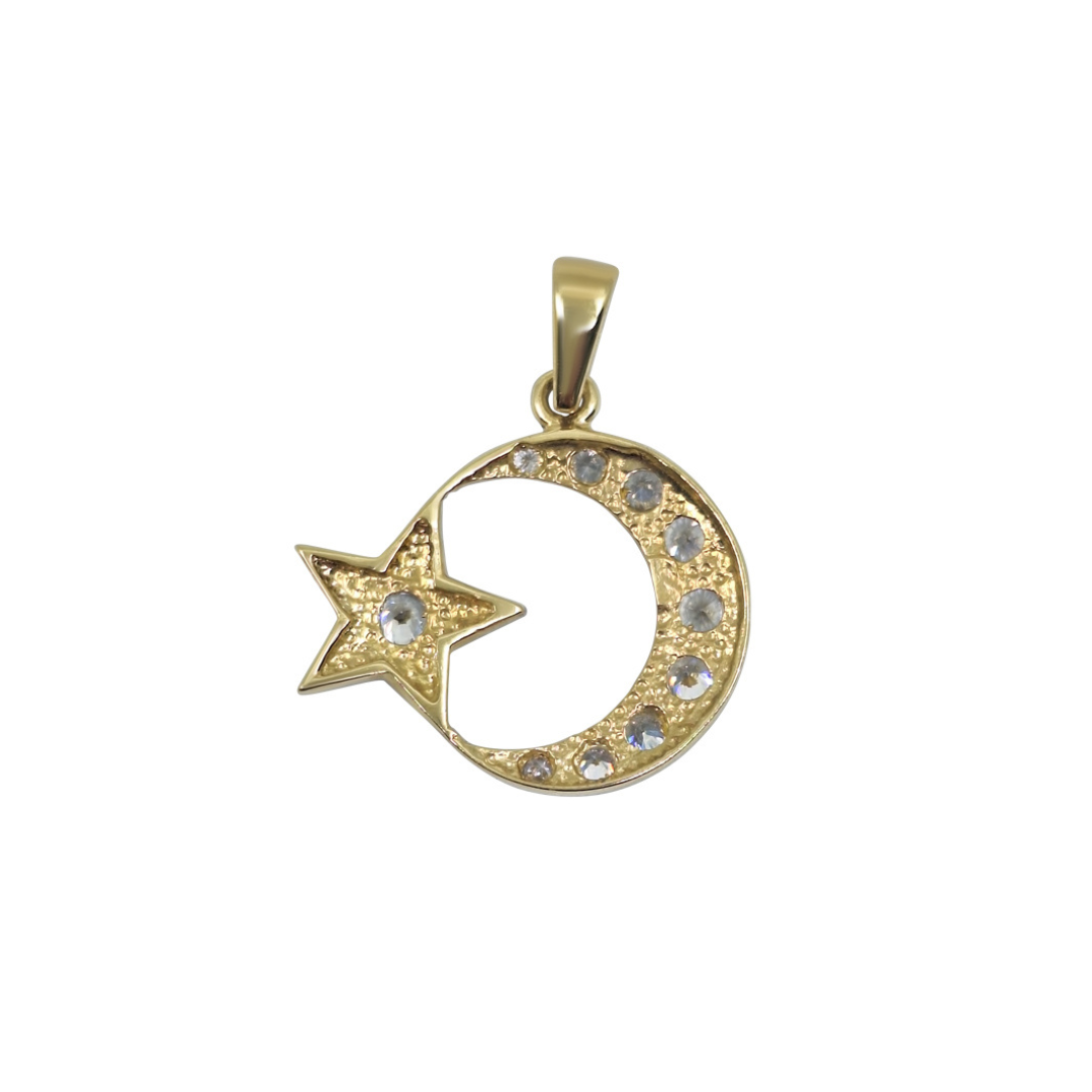 14ct Yellow Gold CZ Moon & Star Pendant