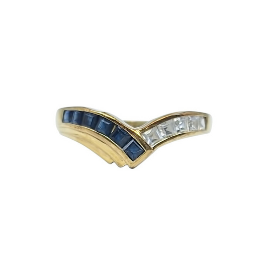 9ct Yellow Gold Blue & White Cubic Zirconia Wishbone Ring