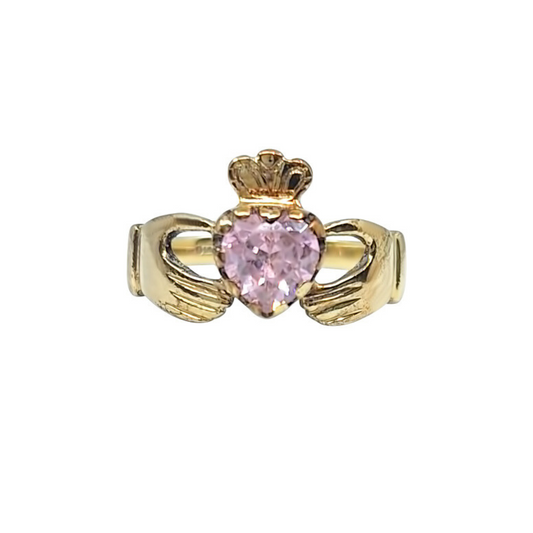 9ct Yellow Gold Pink Cubic Zirconia Claddagh Ring
