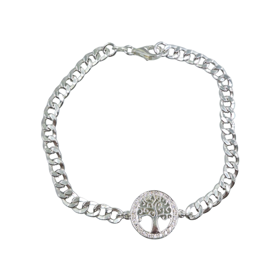 Silver Cubic Zirconia Tree Of Life Bracelet 7"