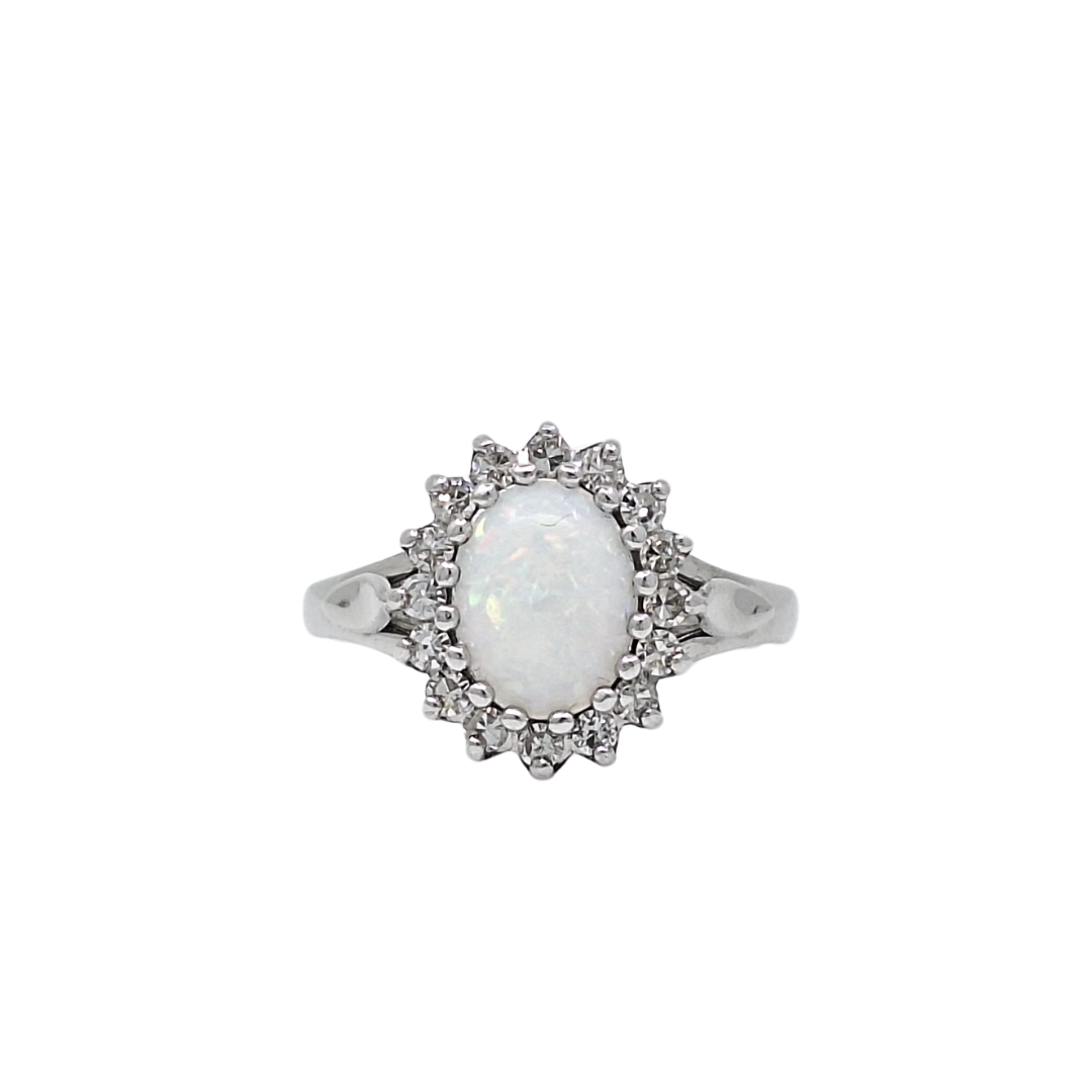 18ct White Gold Opal & Diamond Cluster Ring