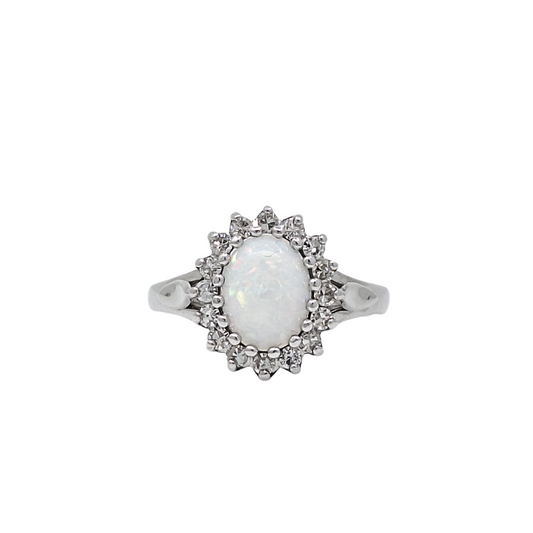 18ct White Gold Opal & Diamond Cluster Ring